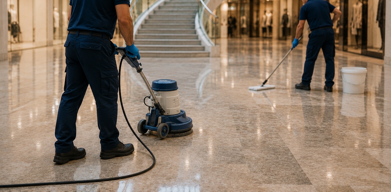 Due tecnici al lavoro sul pavimento in marmo di una galleria commerciale, uno con la monospazzola