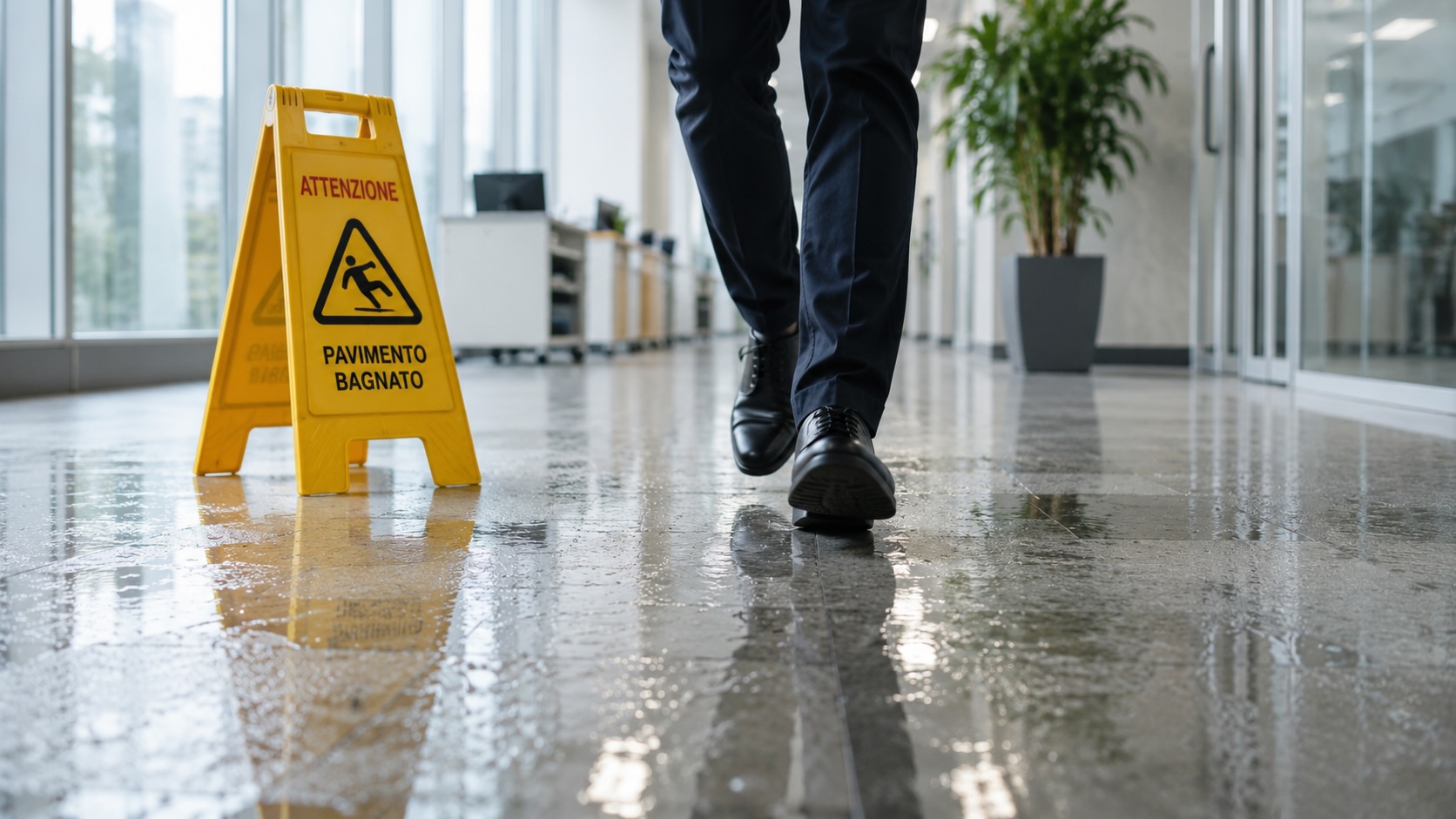 Cartello «pavimento bagnato» in un ufficio, con una persona che cammina sul pavimento lucido